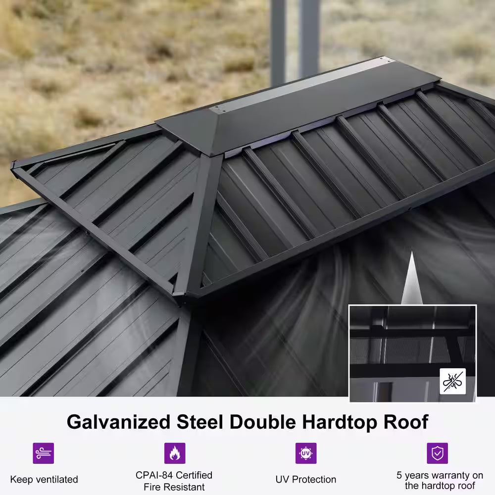 10 Ft.X 14 Ft. Gray Aluminum Power-Coated Frame Galvanized Steel Double Roof Hardtop Gazebo,Hooks, Netting,Gray Curtain